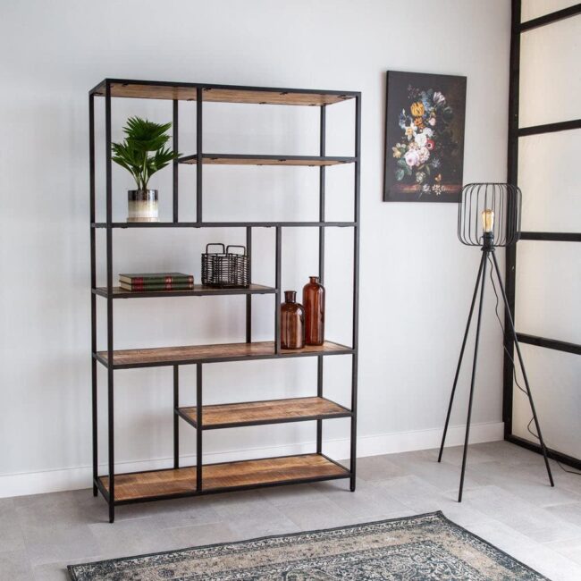 ANGEL FURNITURE Slim Line Black Frame Metallic Bookshelf with Rough Mango Wood Shelves (Large)
