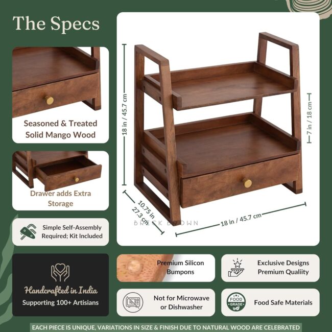 Brick Brown® Premium Handcrafted Versatile Wooden Shelf Organizer with Drawer – Multi-Purpose Kitchen Rack, Countertop & Floor Stand Cabinet | Wooden Spice Rack | Kitchen Organizer (18x18x10.7 Inch) - Image 5