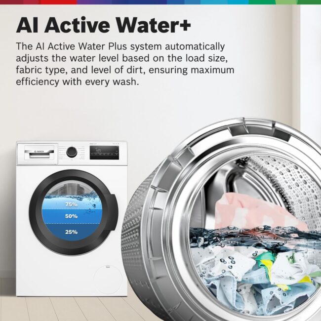 Bosch 8 kg, 5 Star, AI Active Water+, Anti-Tangle, Steam Anti Bacteria, Anti-Wrinkle Fully-Automatic Front Loading Washing Machine (WAJ28260IN, Reload Function, In-Built Heater, White) - Image 9