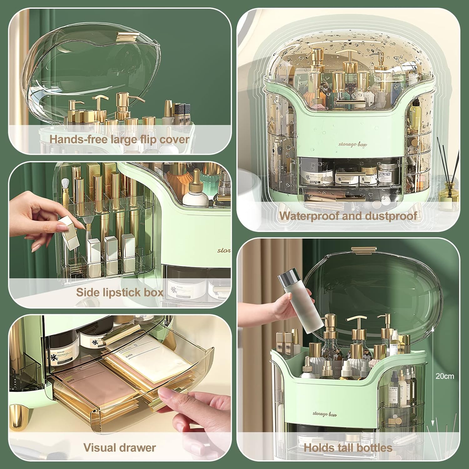 Boniry Makeup Organizer Box | Countertop Cosmetic Organizer for Woman | Transparent Clear Makeup Organizer Box | Organize for Cosmetic Products (Green) - Image 6