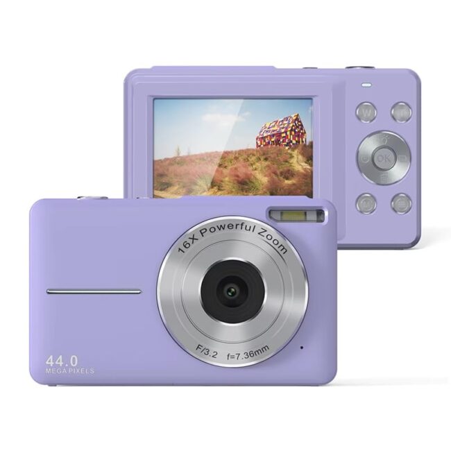 Digital Camera 44MP 1080P FHD with 16X Zoom, Anti-Shake, Beauty Filter, 32GB Card & 2 Batteries – Compact Point and Shoot Camera for Kids, Teens, Beginners – Lightweight & Portable (Purple)