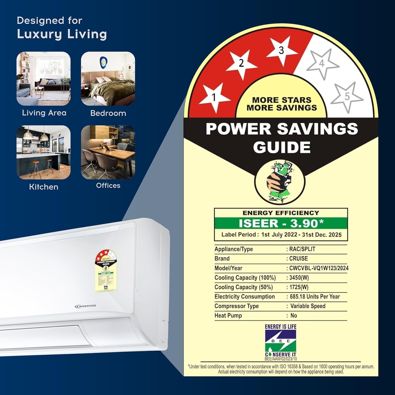 Cruise 1 Ton 3 Star Inverter Split AC with 7-Stage Air Filtration (100% Copper, Convertible 4-in-1, PM 2.5 Filter, CWCVBL-VQ1W123, White) - Image 6