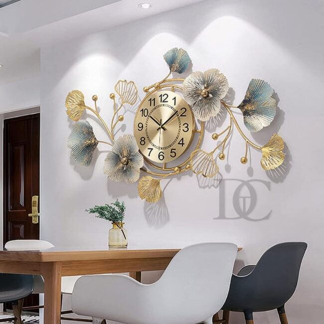 THE DECOR COMPANY Metal Analog Wall Clock - Floral Design with Silent Sweep Machine - Ideal Home Decor Items and Wall Decoration Items for Living Room/Bedroom/Cafes/Hotels, 76.2x55.9 cm, Blue, Golden - Image 8