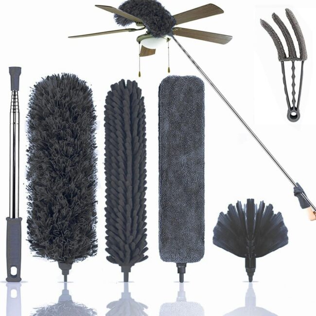 DODGE 'N WOLVES 6 Pcs Home Cleaning Duster Set, Microfiber Feather Duster Bendable & Extendable Fan Brush with 100 inches Expandable Pole Handle for Cleaning Cobweb Window Blinds Furniture, Grey