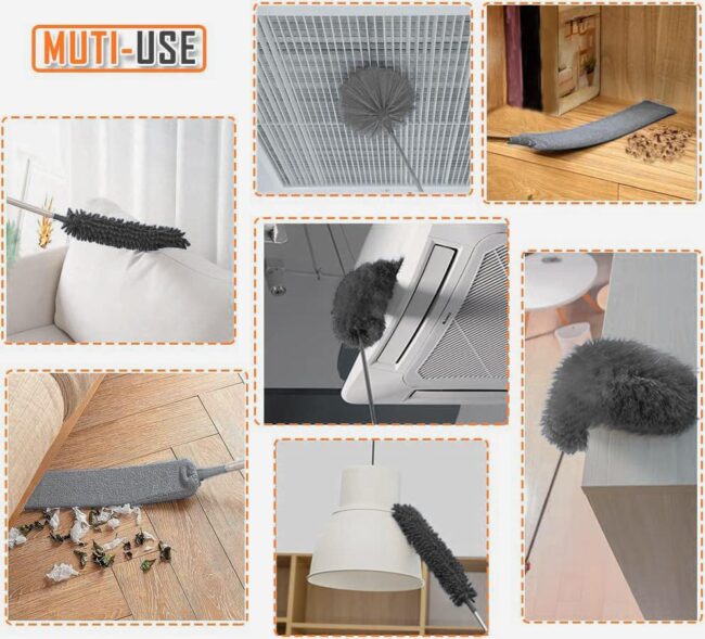 DODGE 'N WOLVES 6 Pcs Home Cleaning Duster Set, Microfiber Feather Duster Bendable & Extendable Fan Brush with 100 inches Expandable Pole Handle for Cleaning Cobweb Window Blinds Furniture, Grey - Image 4