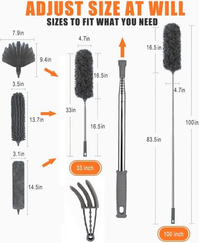 DODGE 'N WOLVES 6 Pcs Home Cleaning Duster Set, Microfiber Feather Duster Bendable & Extendable Fan Brush with 100 inches Expandable Pole Handle for Cleaning Cobweb Window Blinds Furniture, Grey - Image 7