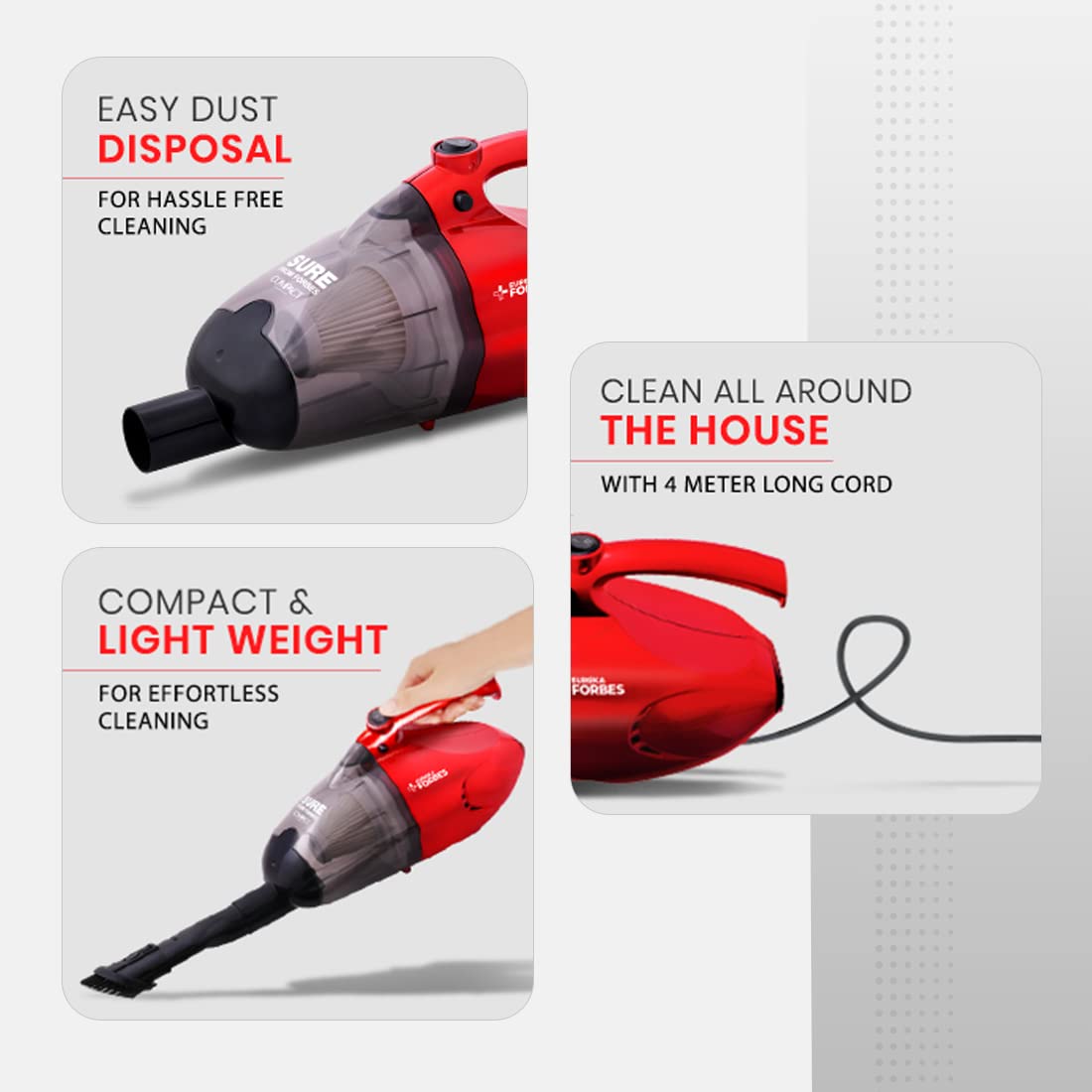 Eureka Forbes Compact 700 Watts Powerful Suction & Blower Vacuum Cleaner with Washable HEPA Filter & 6 Accessories,Compact,1 Year Warranty,Light Weight & Easy to use (Red & Black) - Image 8