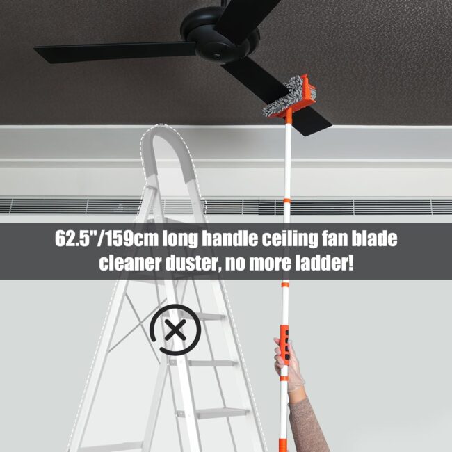 Fulminare 3 in 1 Fan Cleaner Duster with 159cm Extendable Long Handle for Ceiling Fan Blade,Fan Cleaning Mop with 2 Microfiber Mop Head for Dusting Ceiling Fan Washable Pads for Wipe Wall - Image 7