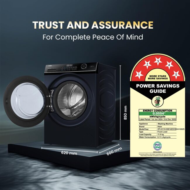 Haier 11 Kg (Wash) / 7 Kg (Dry), 5 Star, Powered by AI-DBT, Direct Drive Technology, Wifi, PuriSteam, I-Refresh, Front Load Fully Automatic Washer Dryer, (EFLD110-DM14IEICBKU1, In-built Heater,Black) - Image 9