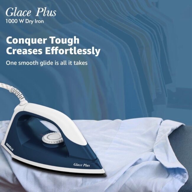 Havells Glace Plus 1000 Watts Dry Iron Press| Greblon Non Stick Sole Plate with German Technology | ISI Certified |Cord Winder | Aerodynamic Design |2 Year Manufacturer Warranty|Stainless Steel(Blue) - Image 3