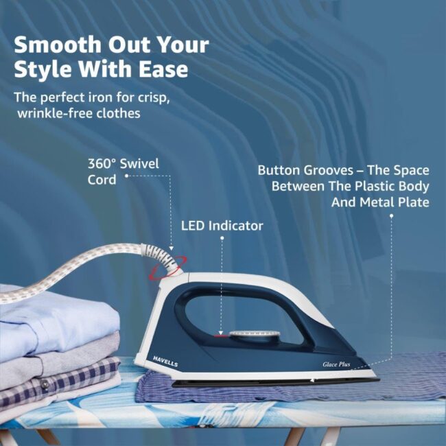 Havells Glace Plus 1000 Watts Dry Iron Press| Greblon Non Stick Sole Plate with German Technology | ISI Certified |Cord Winder | Aerodynamic Design |2 Year Manufacturer Warranty|Stainless Steel(Blue) - Image 6
