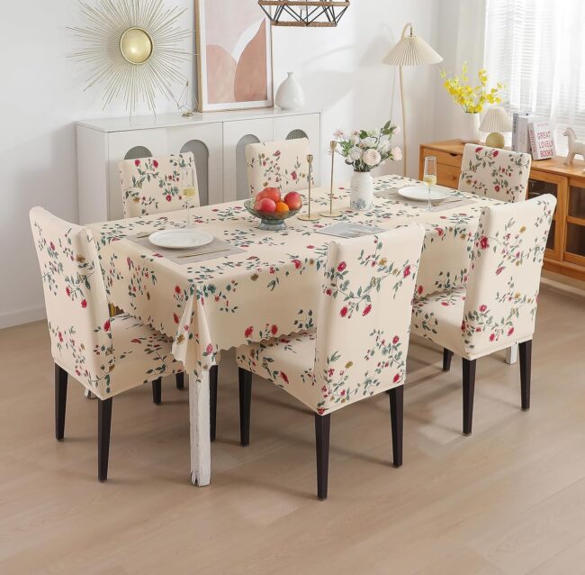House of Quirk Polyvinyl Chloride (PVC) Dining Chair Cover With Rectangular Table Covers For Kitchen Waterproof Dining Table Cloth (Beige Tulip, 1 Rectangular Table Cover + 6 Chair Cover)