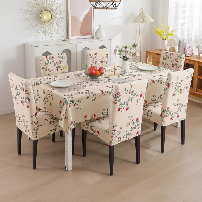 House of Quirk Polyvinyl Chloride (PVC) Dining Chair Cover With Rectangular Table Covers For Kitchen Waterproof Dining Table Cloth (Beige Tulip, 1 Rectangular Table Cover + 6 Chair Cover)