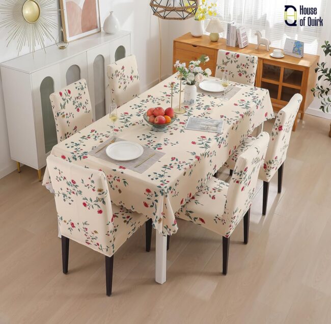 House of Quirk Polyvinyl Chloride (PVC) Dining Chair Cover With Rectangular Table Covers For Kitchen Waterproof Dining Table Cloth (Beige Tulip, 1 Rectangular Table Cover + 6 Chair Cover) - Image 2