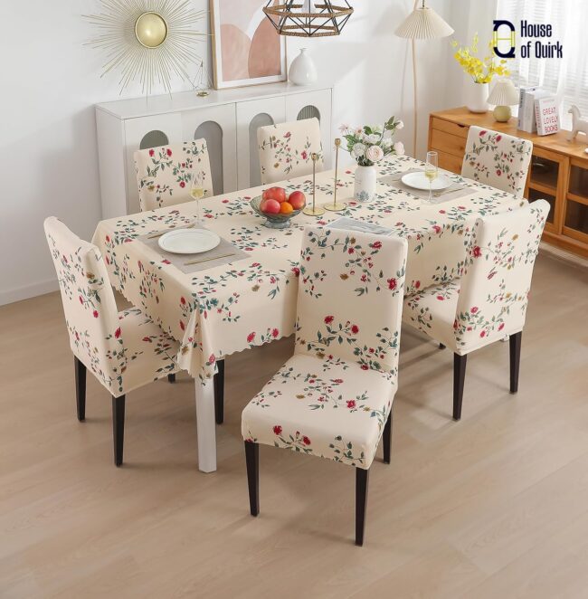House of Quirk Polyvinyl Chloride (PVC) Dining Chair Cover With Rectangular Table Covers For Kitchen Waterproof Dining Table Cloth (Beige Tulip, 1 Rectangular Table Cover + 6 Chair Cover) - Image 3