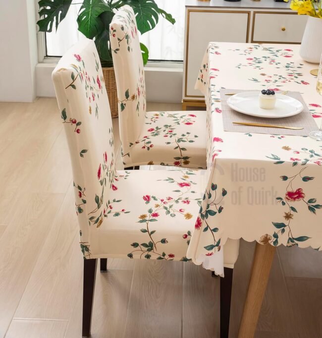 House of Quirk Polyvinyl Chloride (PVC) Dining Chair Cover With Rectangular Table Covers For Kitchen Waterproof Dining Table Cloth (Beige Tulip, 1 Rectangular Table Cover + 6 Chair Cover) - Image 4