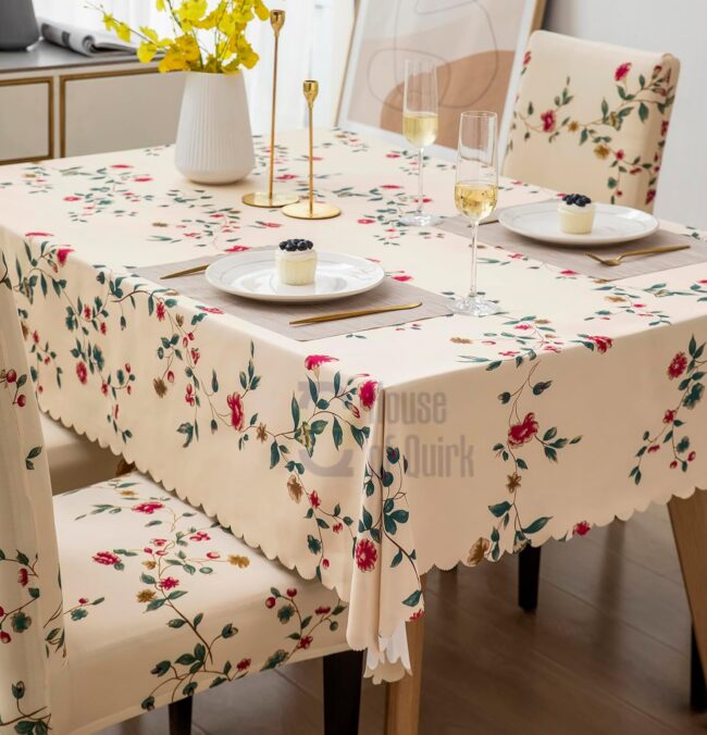 House of Quirk Polyvinyl Chloride (PVC) Dining Chair Cover With Rectangular Table Covers For Kitchen Waterproof Dining Table Cloth (Beige Tulip, 1 Rectangular Table Cover + 6 Chair Cover) - Image 7