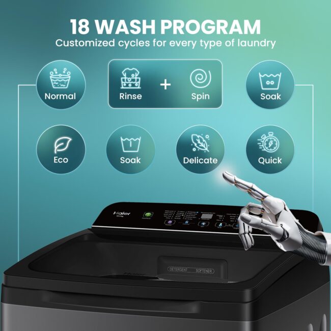 Haier 10.5 kg 5 Star Inbuilt Butterfly heater, Oceanus Wave Drum Washing Machine Fully Automatic Top Load (HWM105-H688BK,Black) - Image 6