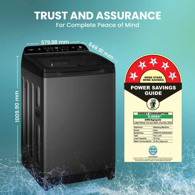 Haier 10.5 kg 5 Star Inbuilt Butterfly heater, Oceanus Wave Drum Washing Machine Fully Automatic Top Load (HWM105-H688BK,Black) - Image 4