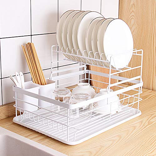 HROY 2-Tier Dish Drying Rack with Drainboard – Large Capacity Kitchen Countertop Organizer for Plates, Bowls, Cups & Utensils – Rustproof White Metal Dish Rack with Utensil Holde (White, 2 Layer)