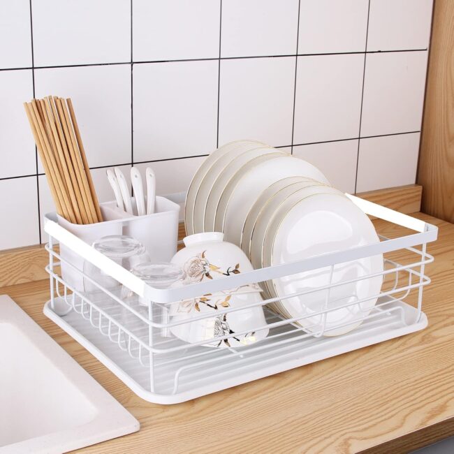 HROY 2-Tier Dish Drying Rack with Drainboard – Large Capacity Kitchen Countertop Organizer for Plates, Bowls, Cups & Utensils – Rustproof White Metal Dish Rack with Utensil Holde (White, 2 Layer) - Image 3