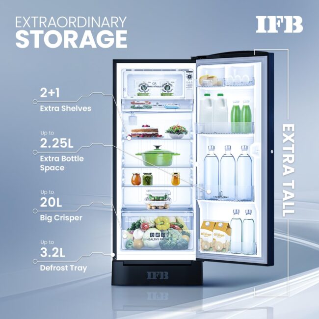 IFB 187L 4 Star Direct Cool Advanced Inverter Single Door Refrigerator (IFBDC-2134DBNED, Divine Bliss-Blue, Humidity Controller, Extraordinary Space with Base Drawer) - Image 11