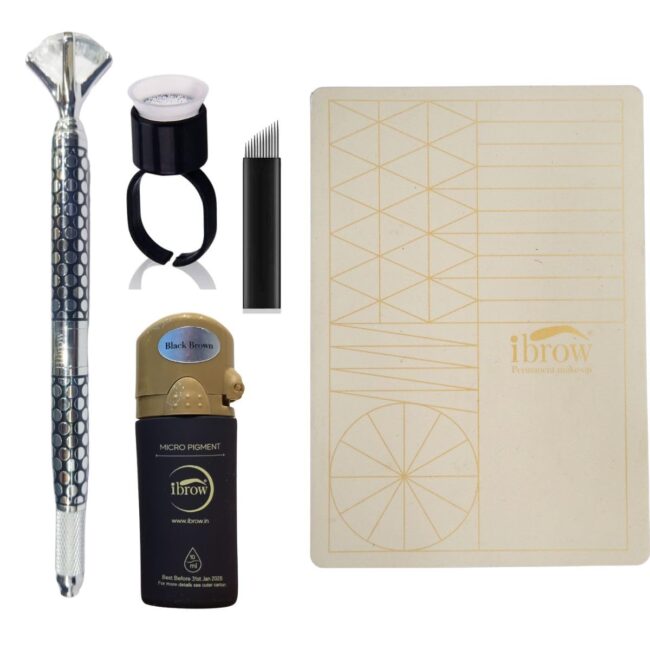 ibrow Microblading Kit – Professional PMU Eyebrow Tattoo Set with Pigment, Manual Pen & Sterile Blades, Silicone Practice Skin, and Ink Rings – Permanent Makeup Kit for Microblading Artists and Salons