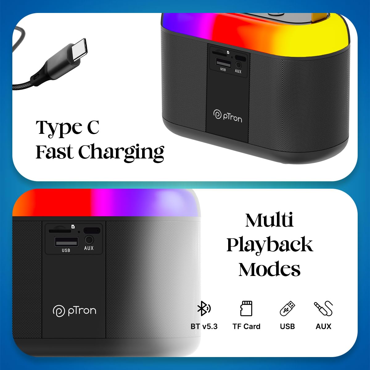 pTron Newly Launched Fusion Joy 20W Bluetooth Speaker with Wireless Karaoke Mic, 6Hrs Playtime, Vivid RGB Lights, Voice Effects, Multi-Play Modes BT5.3/TF Card & Type-C Charging Port (Black) - Image 8