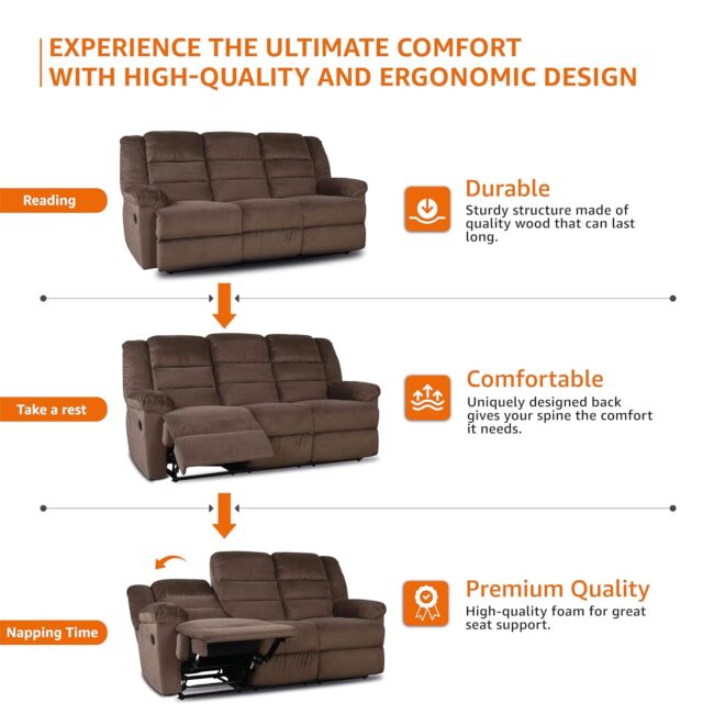 Solimo Musca 3 Seater Fabric Recliner (Brown) - Image 4