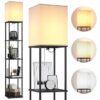 SUNMORI 5 Tier Metal Floor Lamp with Wooden Shelves/Square Lamp with 3 Adjustable Color Mode/Standing Night Lamps for Living-Study Room/Home Decor/Bedroom/Corner Display Book & Vase Shelf/(Black)