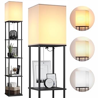 SUNMORI 5 Tier Metal Floor Lamp with Wooden Shelves/Square Lamp with 3 Adjustable Color Mode/Standing Night Lamps for Living-Study Room/Home Decor/Bedroom/Corner Display Book & Vase Shelf/(Black)