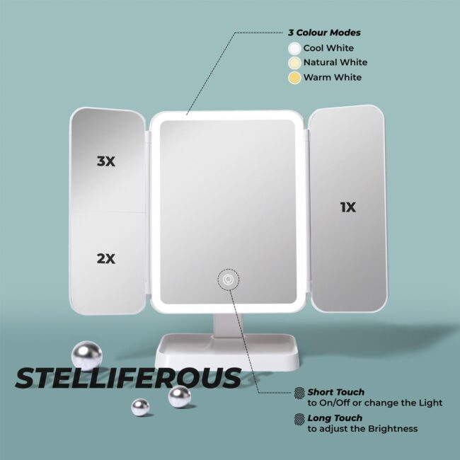 STELLIFEROUS 3X Trifold Makeup Mirror with Adjustable LED Lights | 3 Colour LED USB Rechargeable | Magnifying Vanity Mirror for Home and Beauty Salon (White) - Image 5
