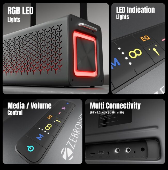 ZEBRONICS Studio R3, Portable Bluetooth Speaker, 140W RMS, 6 Drivers + Dual Passive Radiators, 3EQ Modes, Upto 13 Hrs Playback, 6000mAh Battery, BT v5.2| USB | AUX | mSD, TWS, Wired Mic, Metal Finish - Image 6