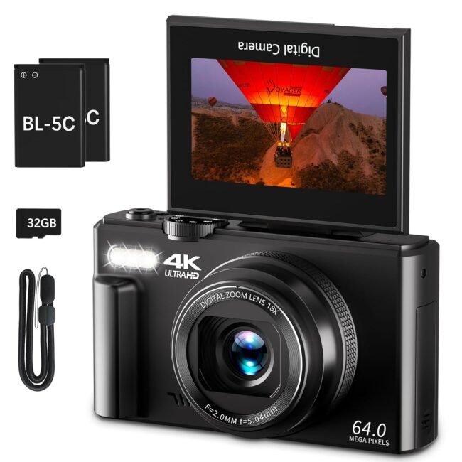 VJIANGER 4K Digital Camera For Photography, 64MP Vlogging Camera For Youtube With 3" 180° Flip Screen, 18X Digital Zoom Point And Shoot Camera With 32GB Micro SD Card For Beginner (Black)